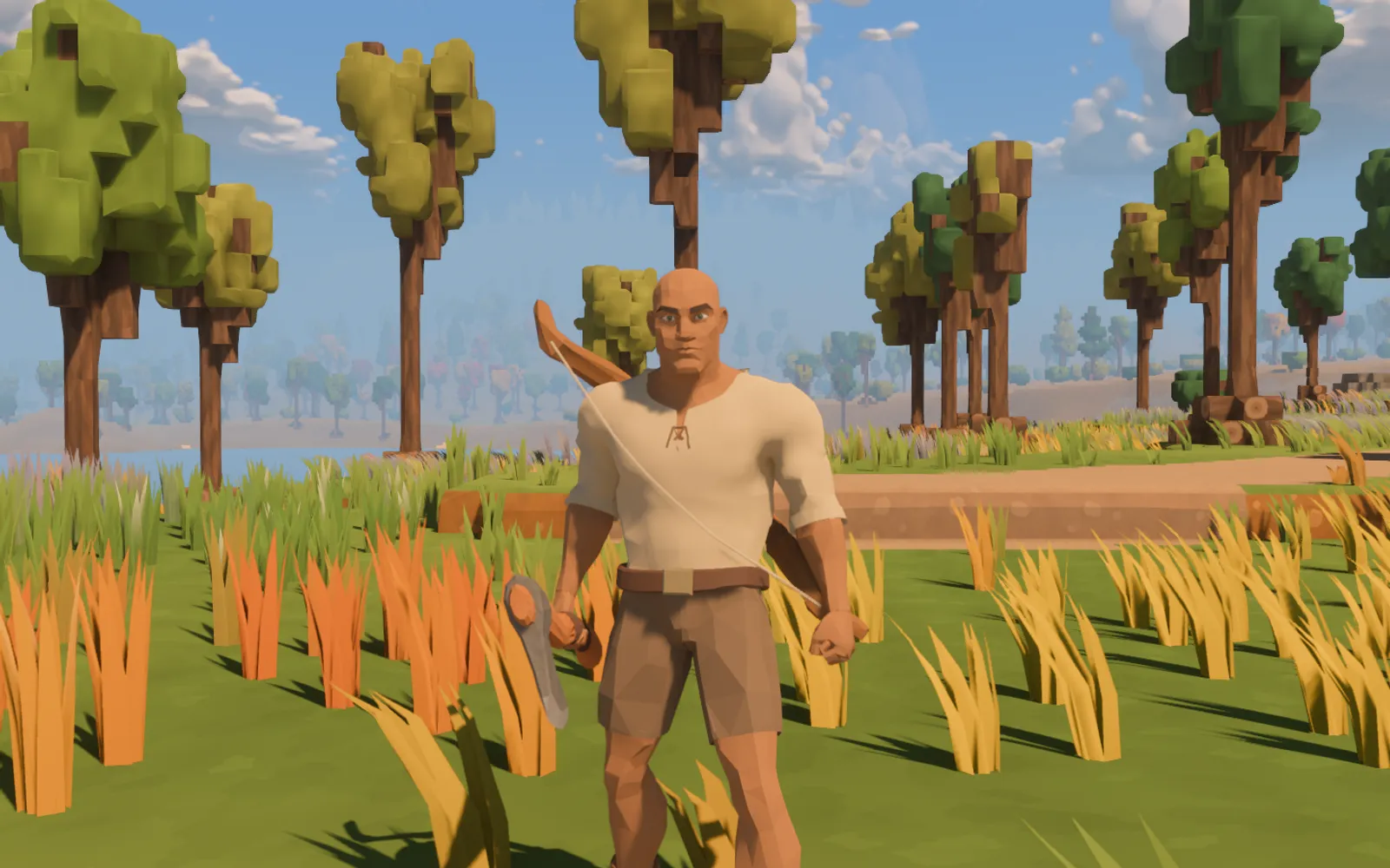 The faceted traveller in a pale shirt and brown shorts, holding a small axe low at one side with a wooden bow across the back.