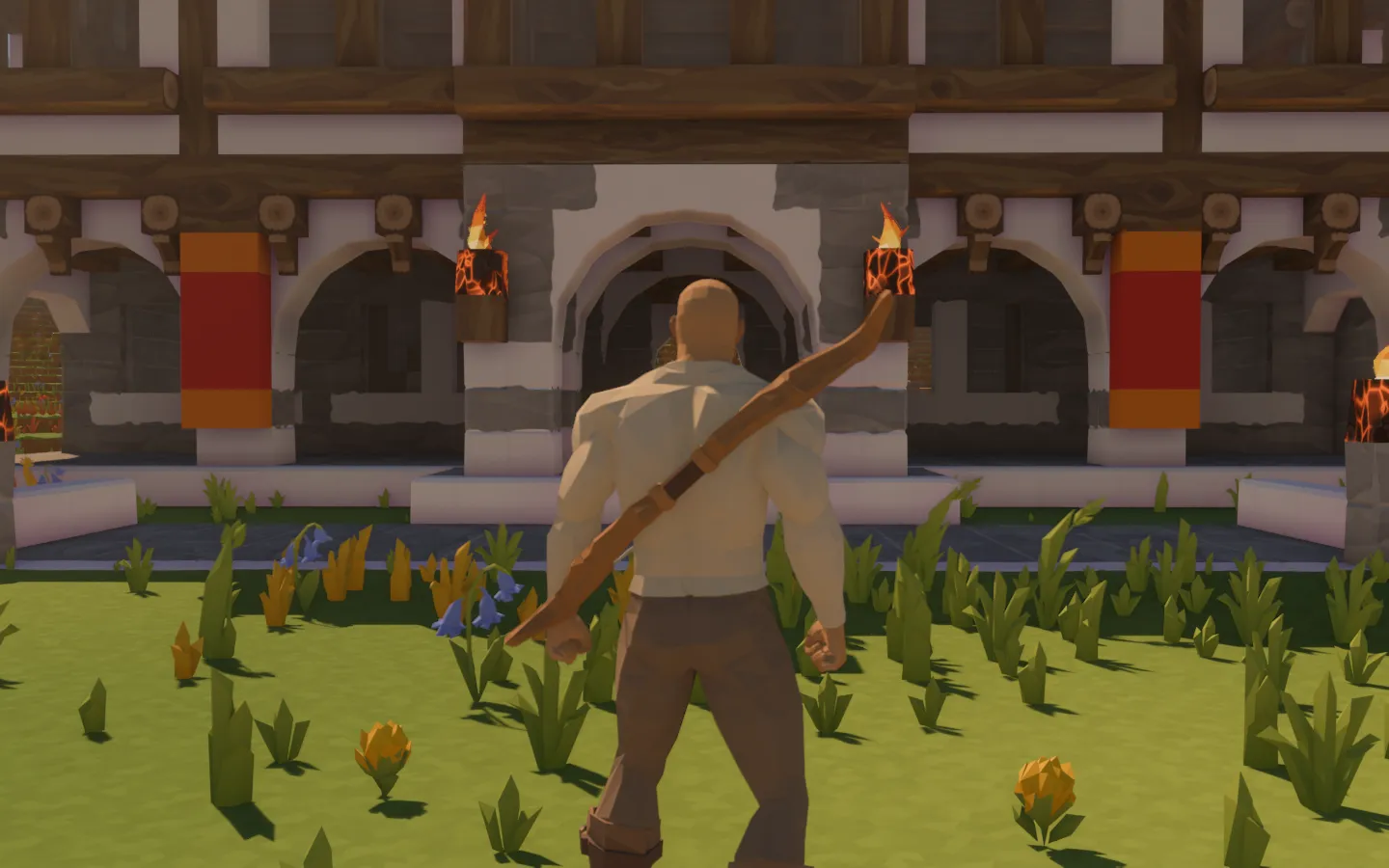 The traveller seen from behind in a pale faceted shirt and brown trousers, a bow across the back, facing the town hall arcade.