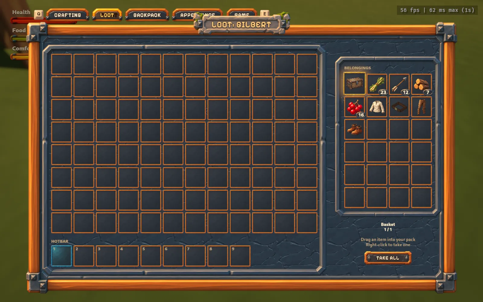 The painted Loot menu for Gilbert, with the traveller's empty backpack beside a belongings grid containing a basket, plant fiber, arrows, logs, berries and clothing.