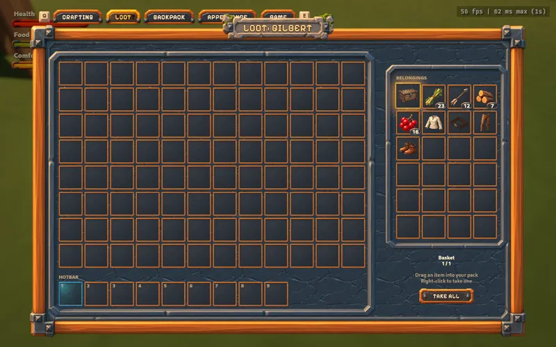 The painted Loot menu for Gilbert, with the traveller's empty backpack beside a belongings grid containing a basket, plant fiber, arrows, logs, berries and clothing.