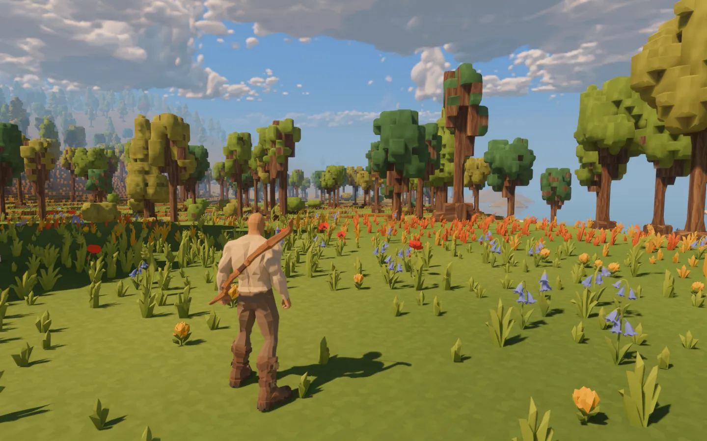 The fully dressed traveller standing in a meadow of red, blue and yellow flowers, with chunky strapped boots visible below the trouser legs.