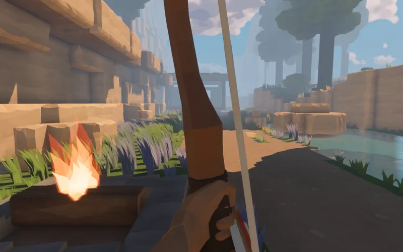 The traveller's faceted hand holding the first wooden bow beside the forest trail, pool and small hearth.