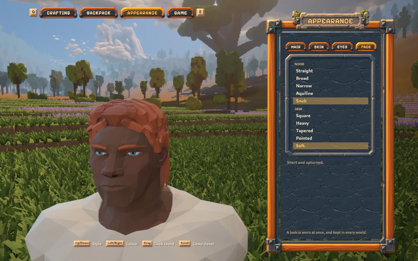 The Appearance Face screen showing a contrasting traveller with long ginger-red hair, deep-brown skin, a snub nose and the Soft jaw preset selected.