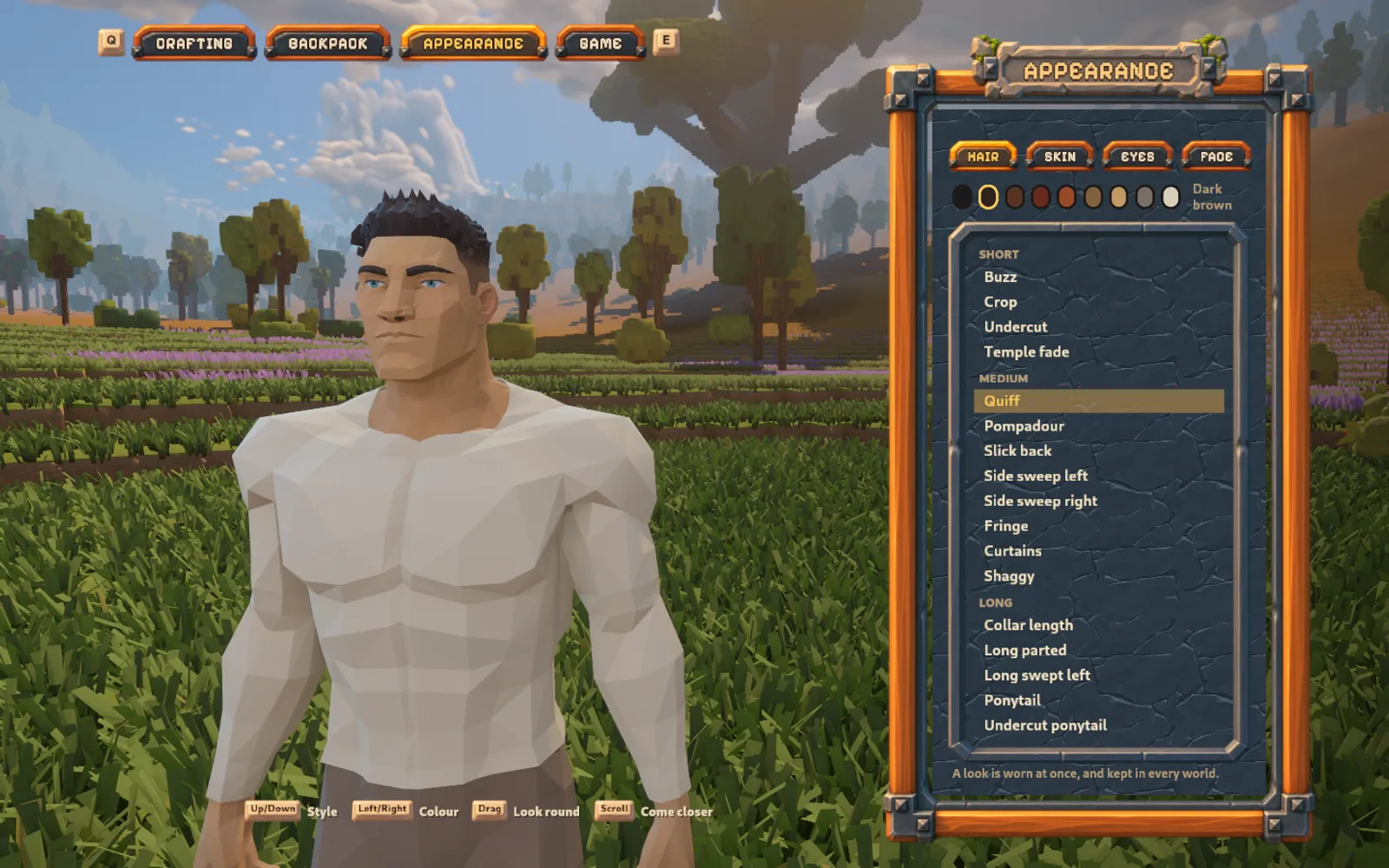 The faceted traveller beside the Appearance panel, with the Quiff haircut selected, hair-colour swatches and the Hair, Skin, Eyes and Face tabs visible.