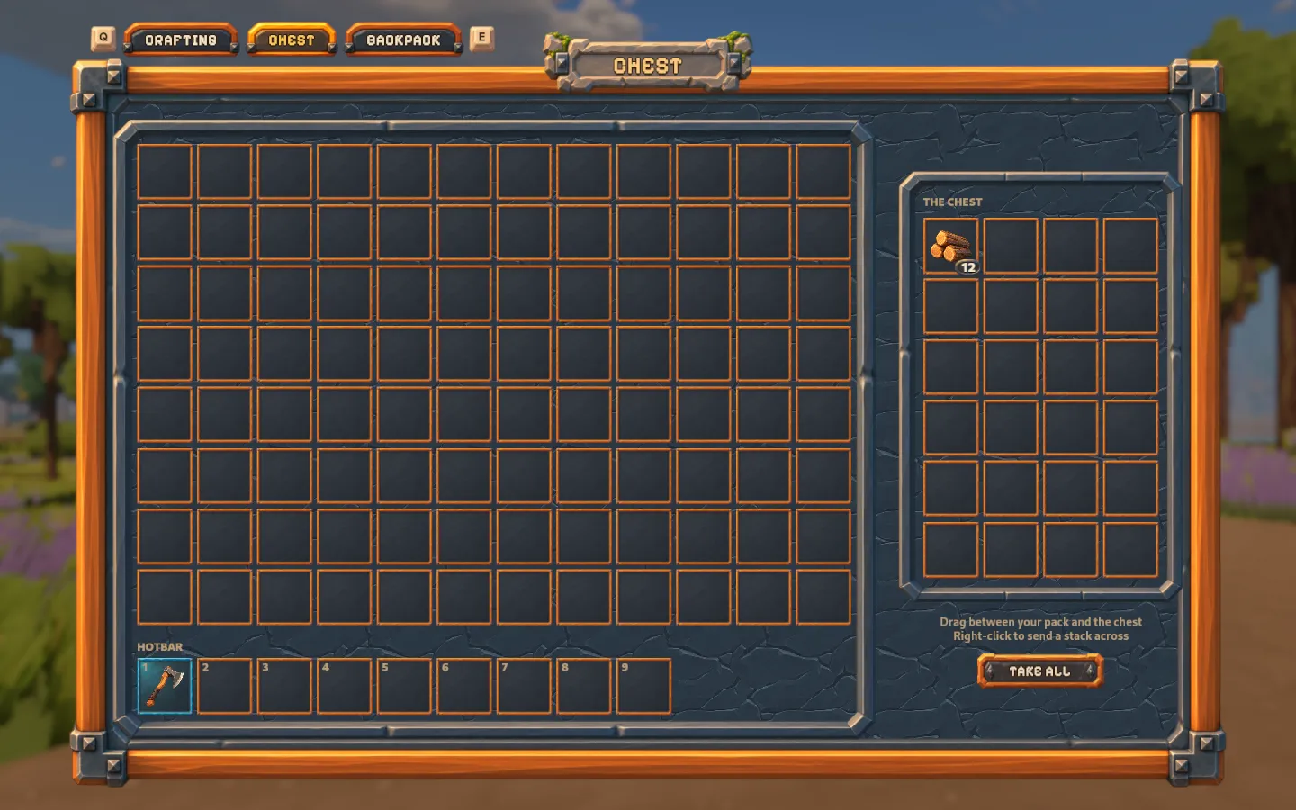 The lumber camp chest open beside the backpack, showing its storage grid and a stack of logs in the original review setup.