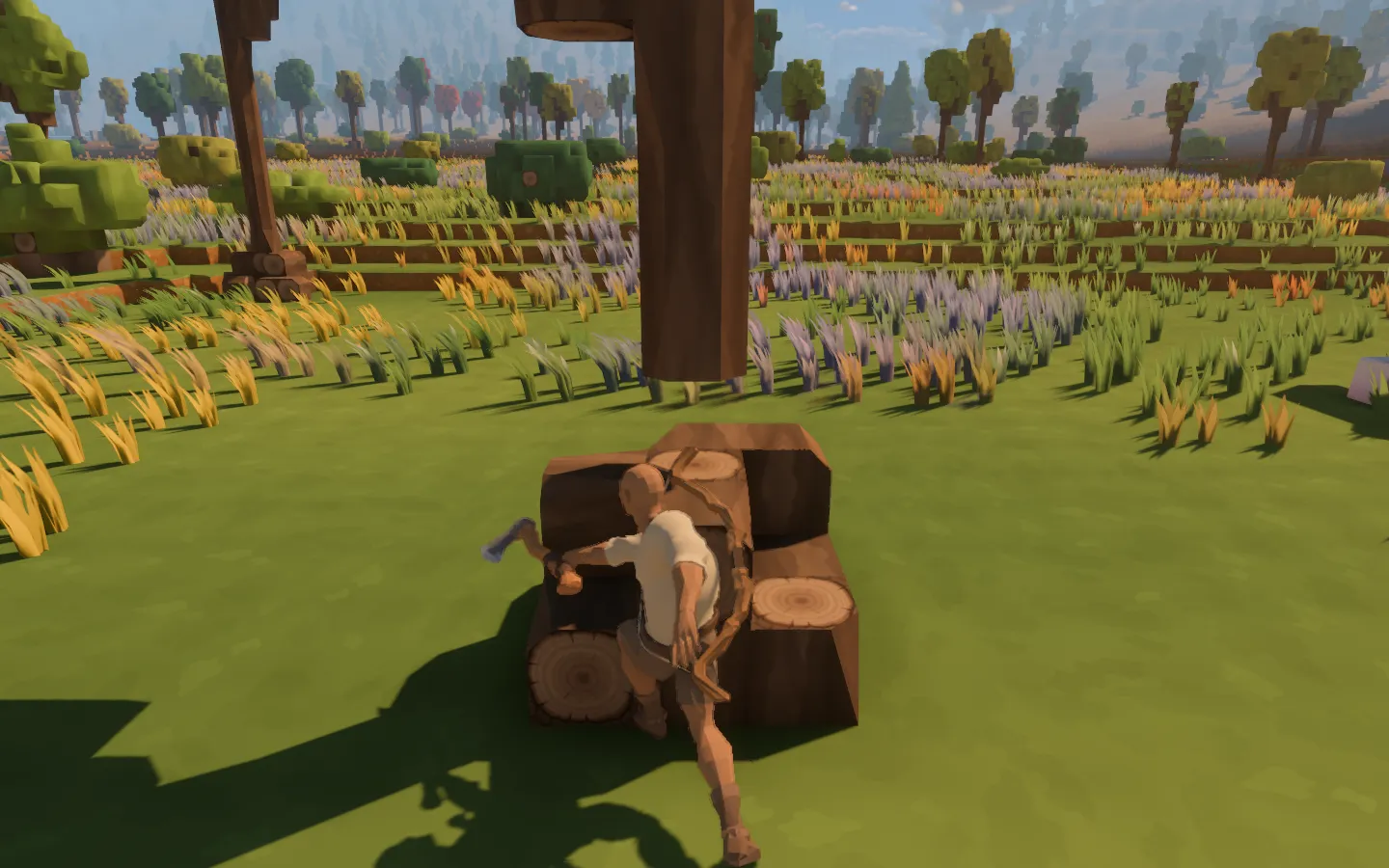 The traveller following through on an axe swing into a generated oak, leaving a gap between its stump and released trunk.
