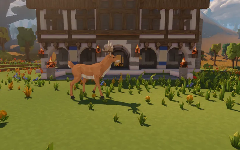 A faceted chestnut deer with pale belly and branching antlers walking across the flowered green before the timber town hall.