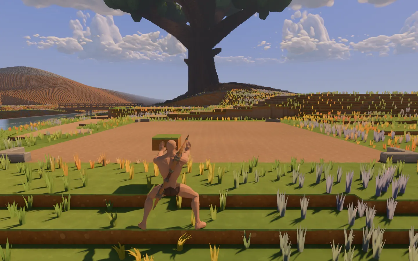 The faceted traveller raising a grassy piece of earth in front of both hands, with a bow slung across the back and the ancient tree beyond.
