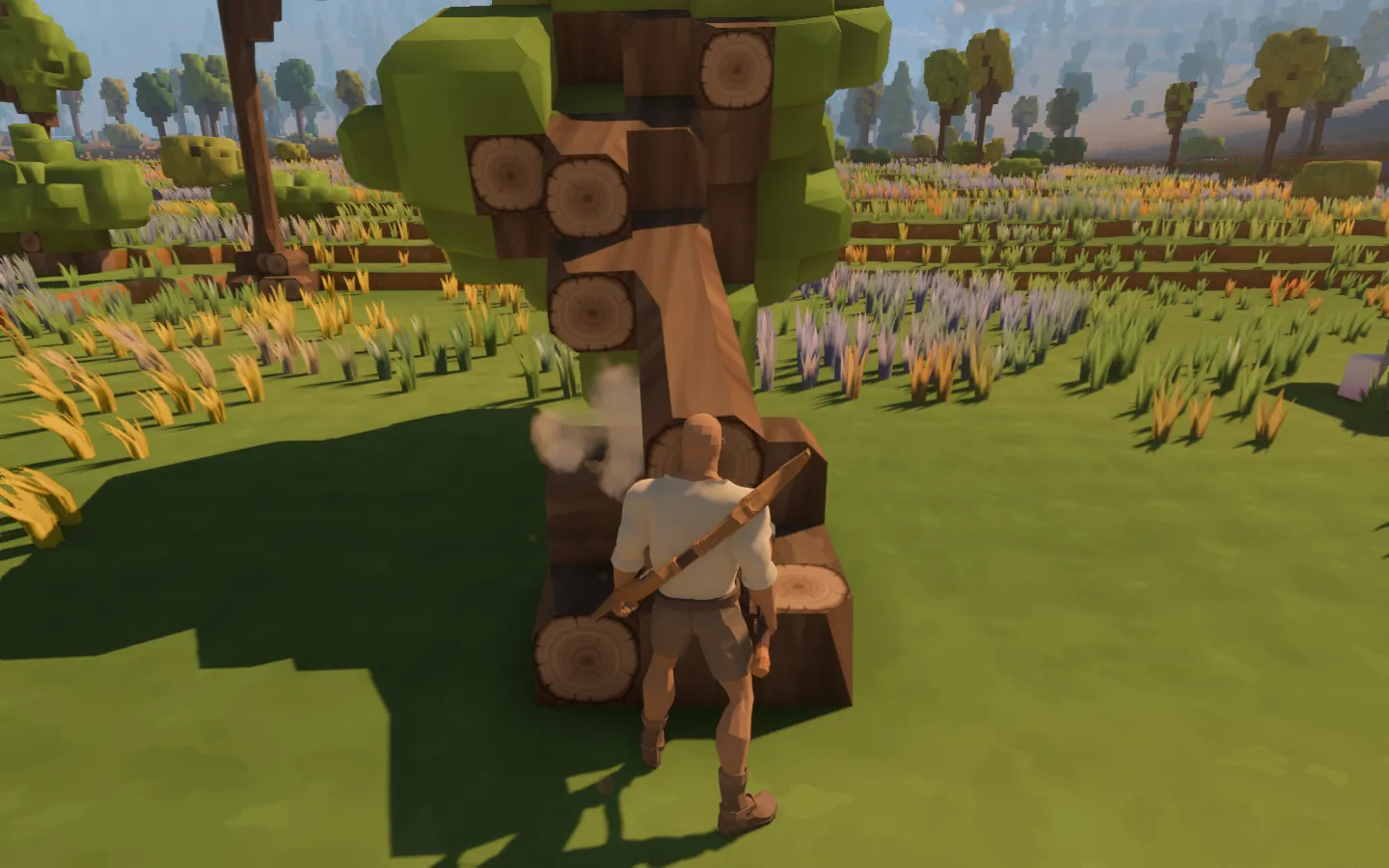 The released oak trunk and leafy crown tipping beside the traveller, with dust at its broken base.