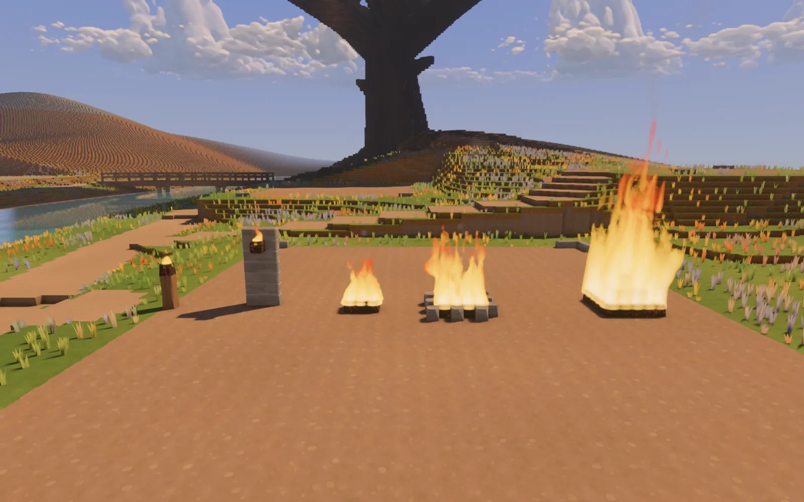 Five fire studies, from small torch flames to a broad bonfire, laid out beside the river beneath the ancient tree.