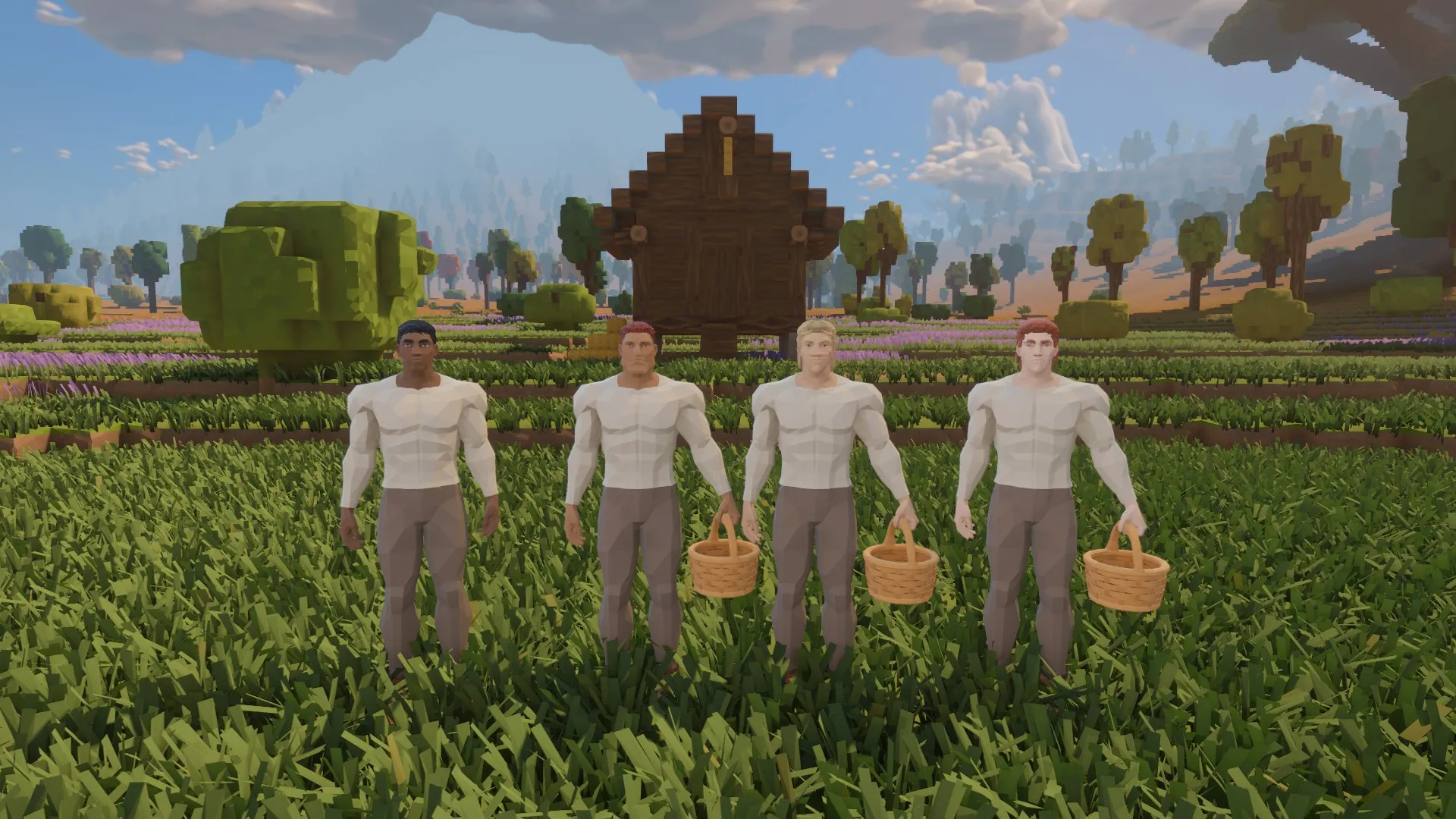 Four faceted founding settlers stand side by side in the grass before the timber granary, three holding baskets, with planted fields and the snowy mountain behind them.