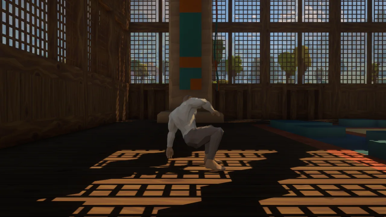 The traveller rises from the floor in the training hall, one knee tucked underneath and an arm extended for balance, with lattice-window shadows across the timber floor.