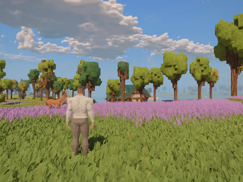 After the tighter grass response, the same standing-player view keeps the flattened patch close to the traveller's feet, with more upright grass around them.