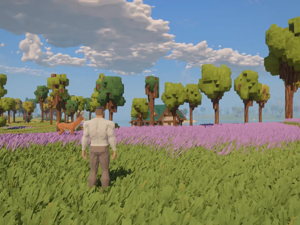 Before the tighter grass response, the traveller stands in a broad patch of bent grass, with purple flowers, a deer and a timber cottage beyond.