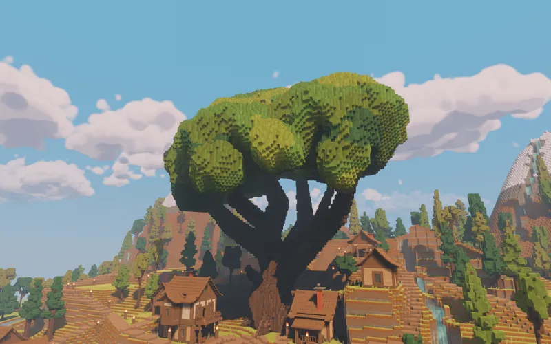 The enormous green Hearth Tree spreading above a timber inn and workshop, with snowy mountains behind the village.