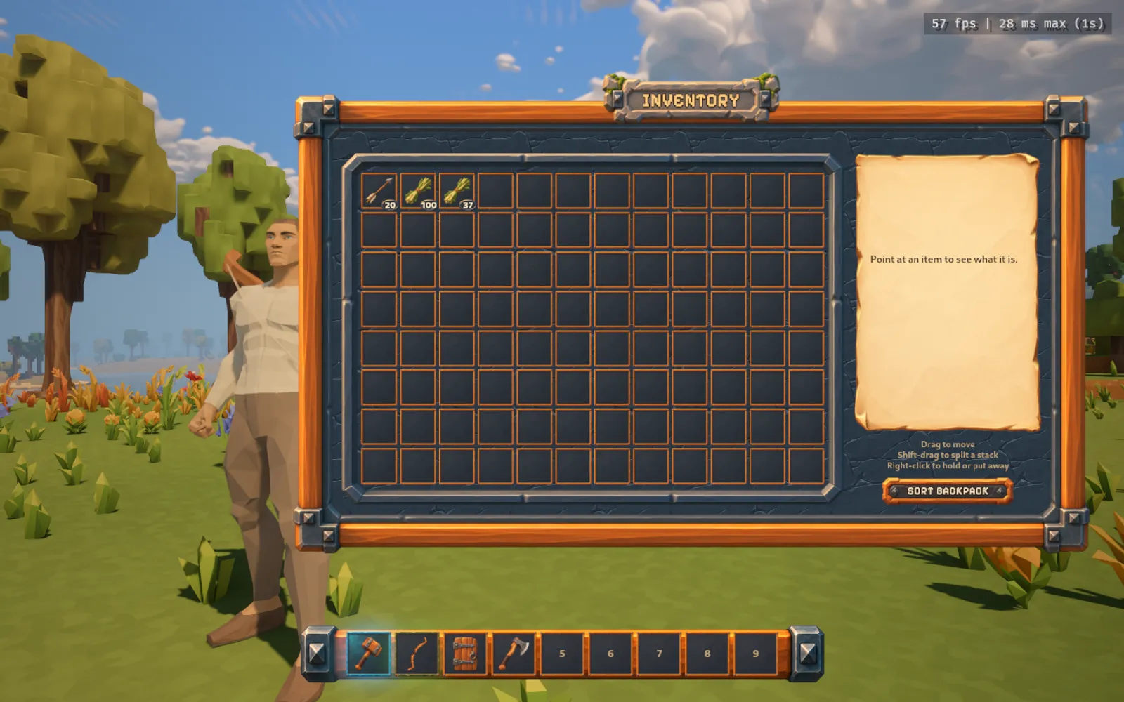 The painted timber-and-slate inventory frame with arrows and plant-fibre stacks, a parchment detail panel and nine hotbar slots beside the faceted traveller.