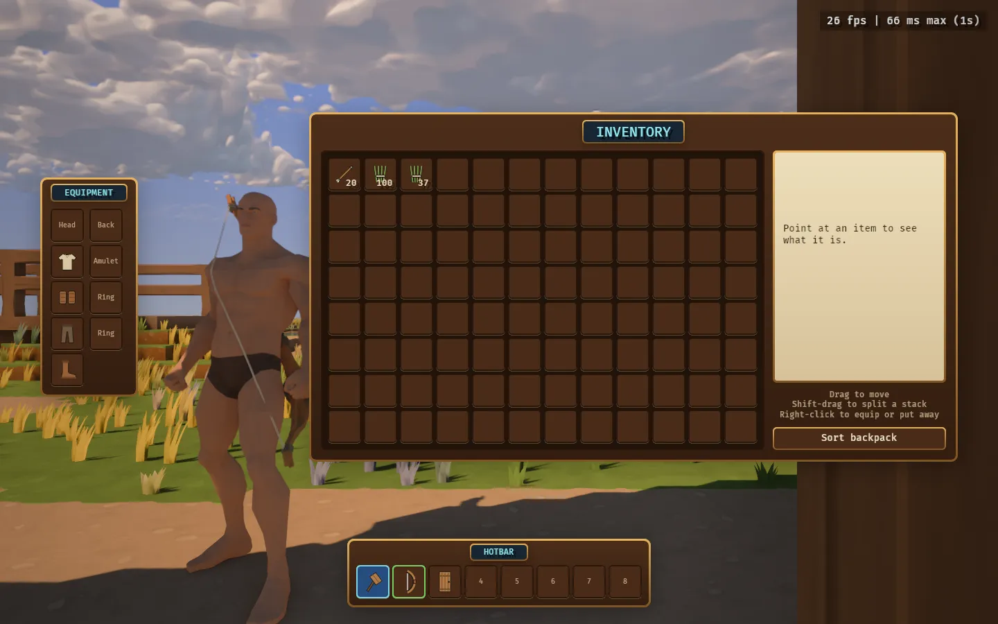 The early inventory screen beside the faceted traveller, showing equipment slots, arrows and plant fibre in the backpack, and a mallet, bow and door on the hotbar.
