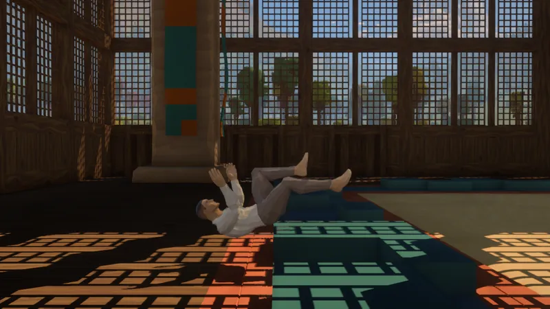 The faceted traveller falls backwards inside the timber training hall, arms raised and both feet off the floor beside the low edge of the practice area.
