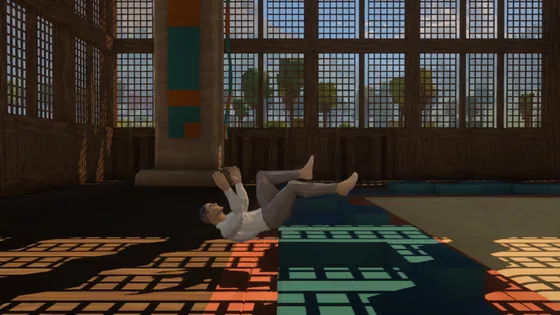 The faceted traveller falls backwards inside the timber training hall, arms raised and both feet off the floor beside the low edge of the practice area.