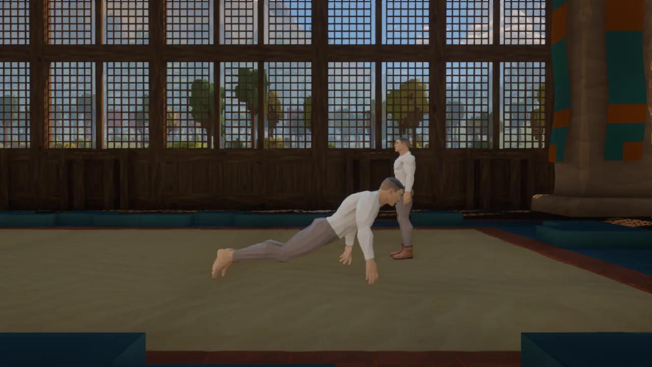 The traveller pitches forwards through the air in the training hall, both hands reaching down and feet trailing behind, with another training character standing beyond.