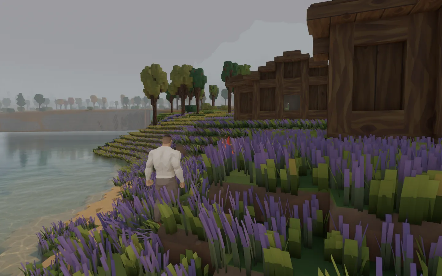 The same traveller and timber houses beside the lavender-covered shore under a grey overcast sky, with muted light and calmer colours.
