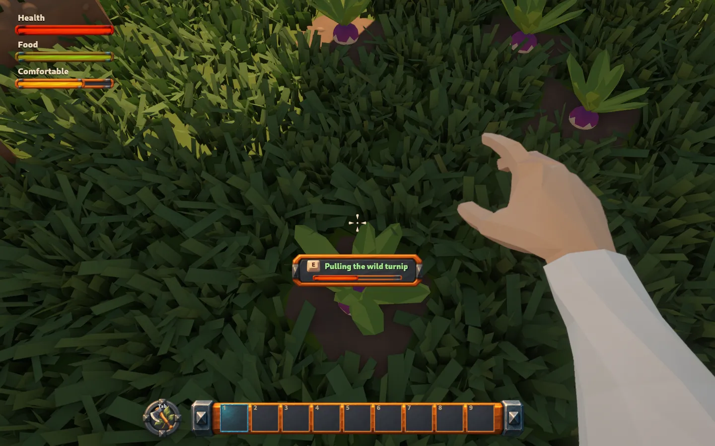 The traveller's hand reaching toward a wild turnip, with the pulling prompt and progress bar visible.
