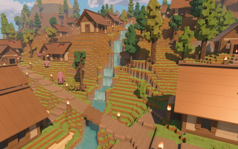 A turquoise river descending over several falls through the wooded village, with timber cottages and path crossings beside its banks.