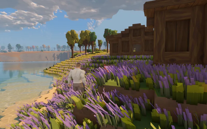 The faceted traveller among lavender beside timber houses on a lakeshore, under a partly clouded sky.