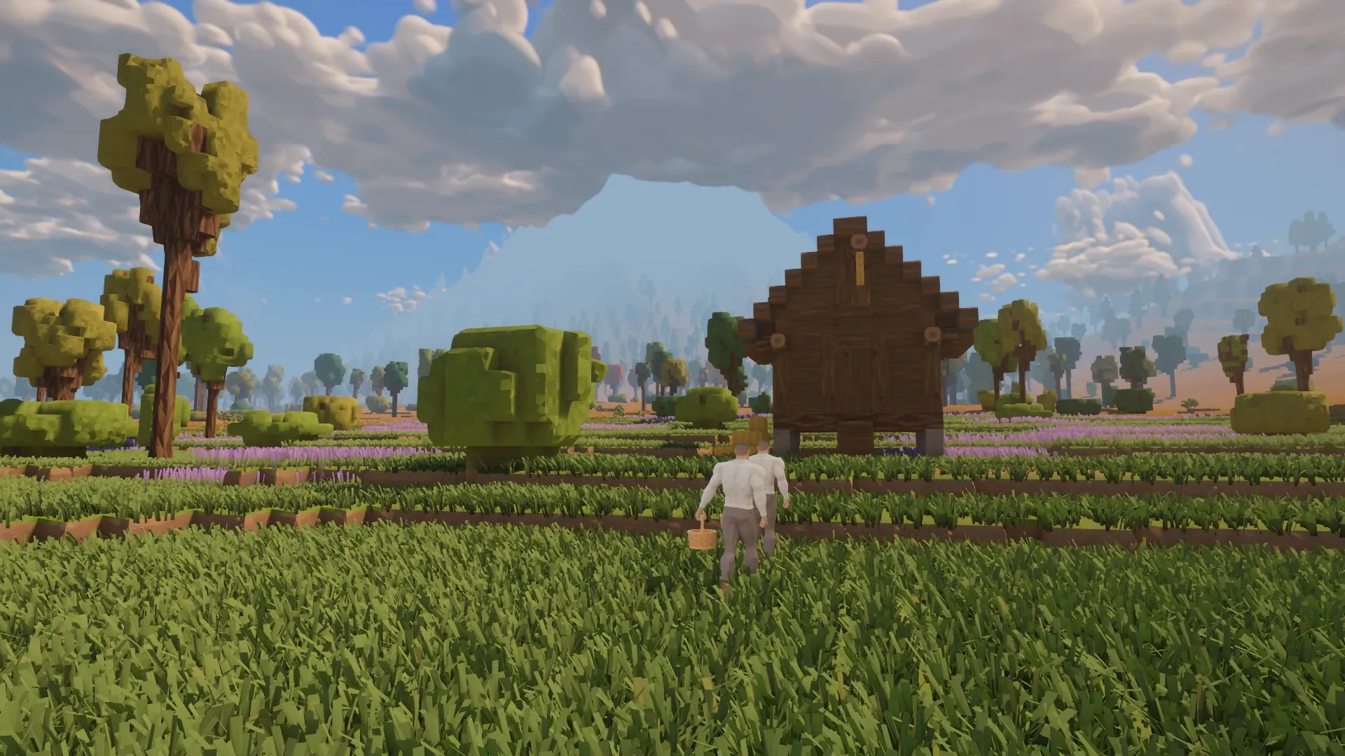 Before the skyline update, the traveller and timber granary stand against a wall of haze that hides the mountain beyond the green.