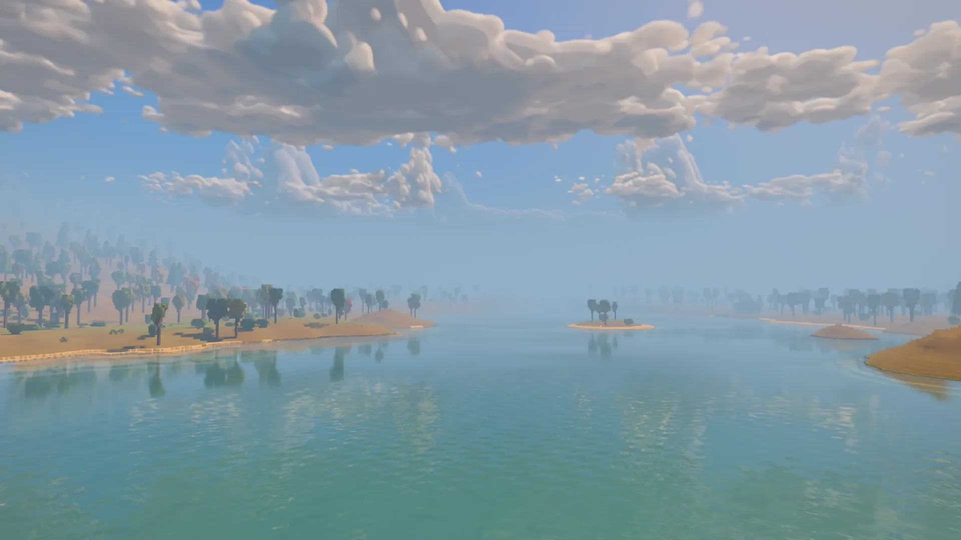 Before the skyline update, the lake and its island sit beneath clouds while dense haze hides the mountain and distant shores.