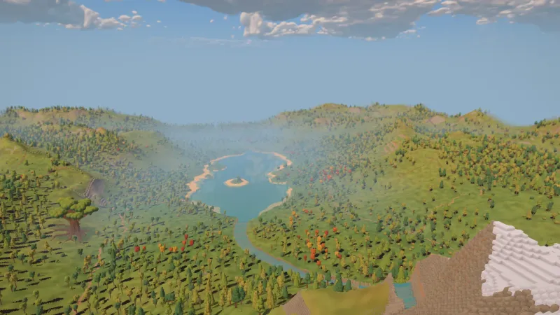 A view from the snowy summit across the river, lake, ancient tree and wooded hills extending to the valley's distant rim.