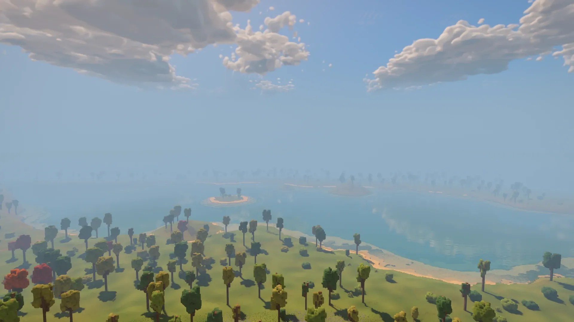 Before the skyline update, a view over the western woods shows the lake and island fading into haze, with the far hills hidden.