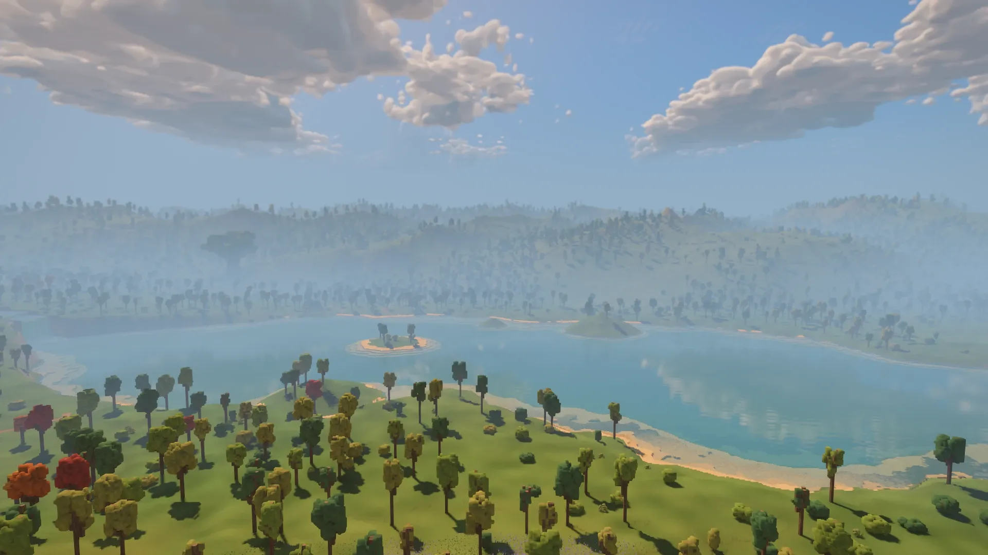 After the skyline update, the same view over the western woods reveals the wooded hills across the lake and their patchwork of grass.
