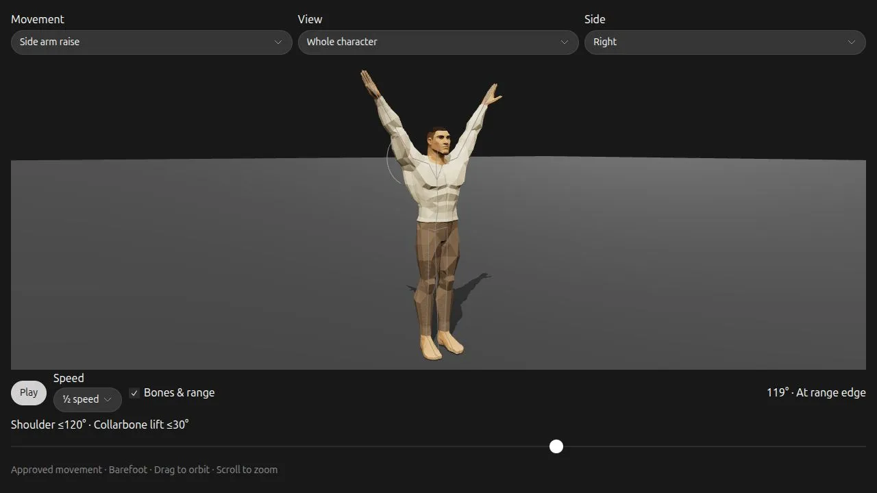 The actual traveller in the joint-testing viewer with both arms raised, the skeleton and shoulder range guide visible, and Bones & range enabled.