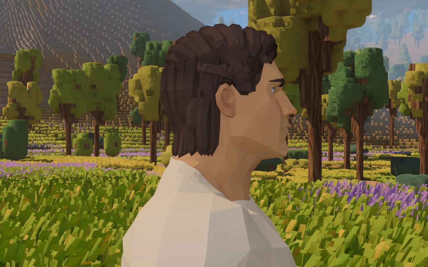 The traveller in profile with thick, faceted long hair hanging behind the ear and toward the collar.