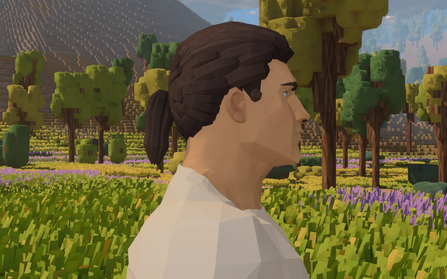 A side view of the traveller with hair drawn back into a thick faceted ponytail.