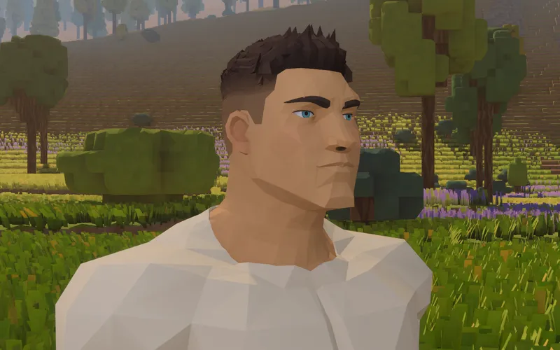 A close view of the faceted traveller wearing a raised quiff with short sides, against the valley's trees and flowers.