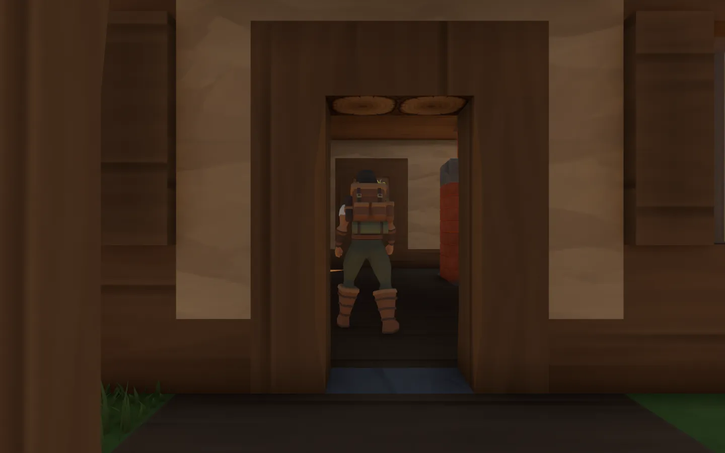 The faceted traveller with a leather backpack standing inside the destination cottage after the village navigation trial.
