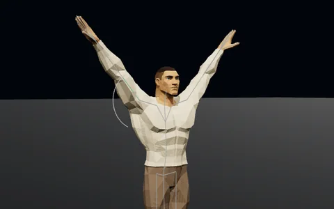 Traveller, barefoot, both arms raised to the edge of the shoulder's range, its bones and the range's arc drawn over it