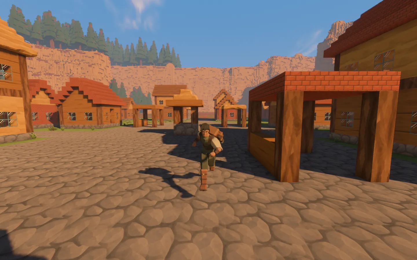 The original faceted traveller in green trail clothes, leather boots and a backpack, moving through the first town's cobbled plaza.