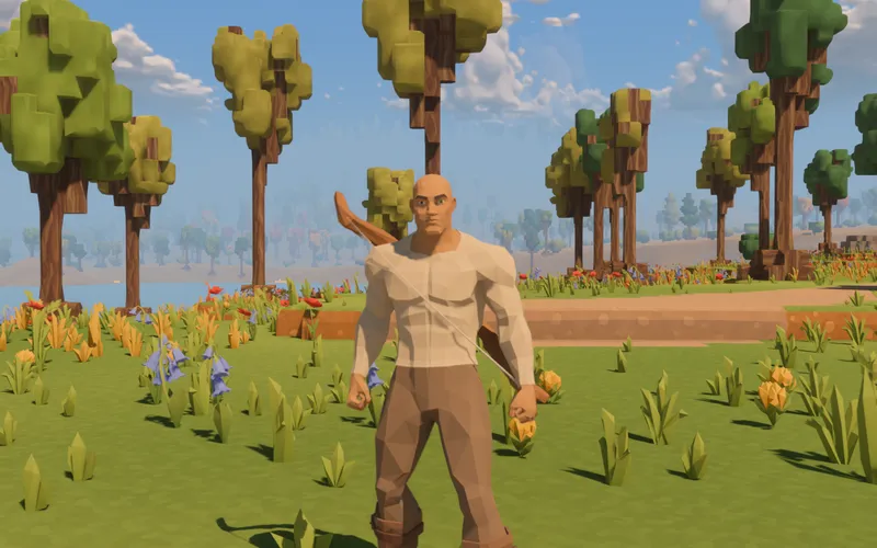The faceted traveller facing the camera in a fitted pale long-sleeved shirt and brown trousers, with a bow slung across the back and flowers in the meadow.