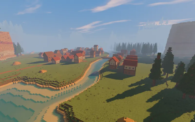 The first Brightsite valley, with a block-built town, pines and sandstone cliffs.