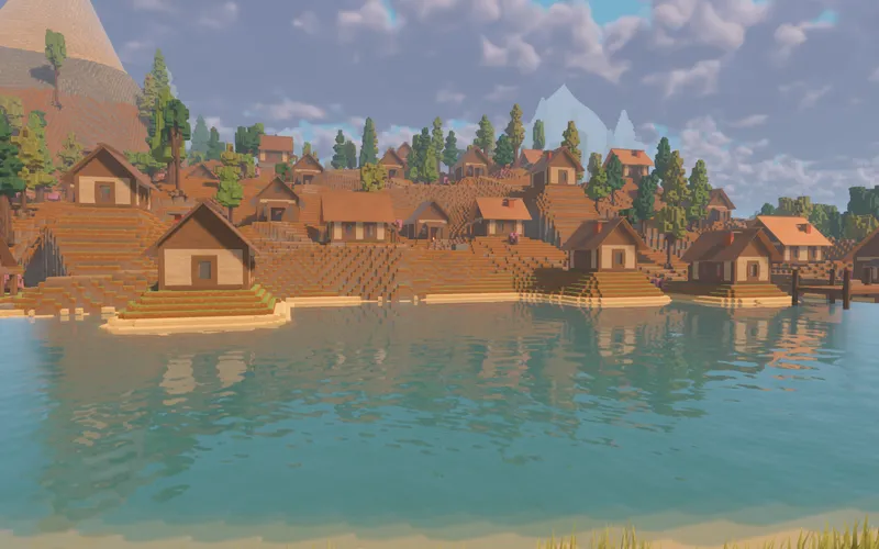 Timber cottages and varied trees on the slopes above a turquoise lake, with the village reflected in the water.