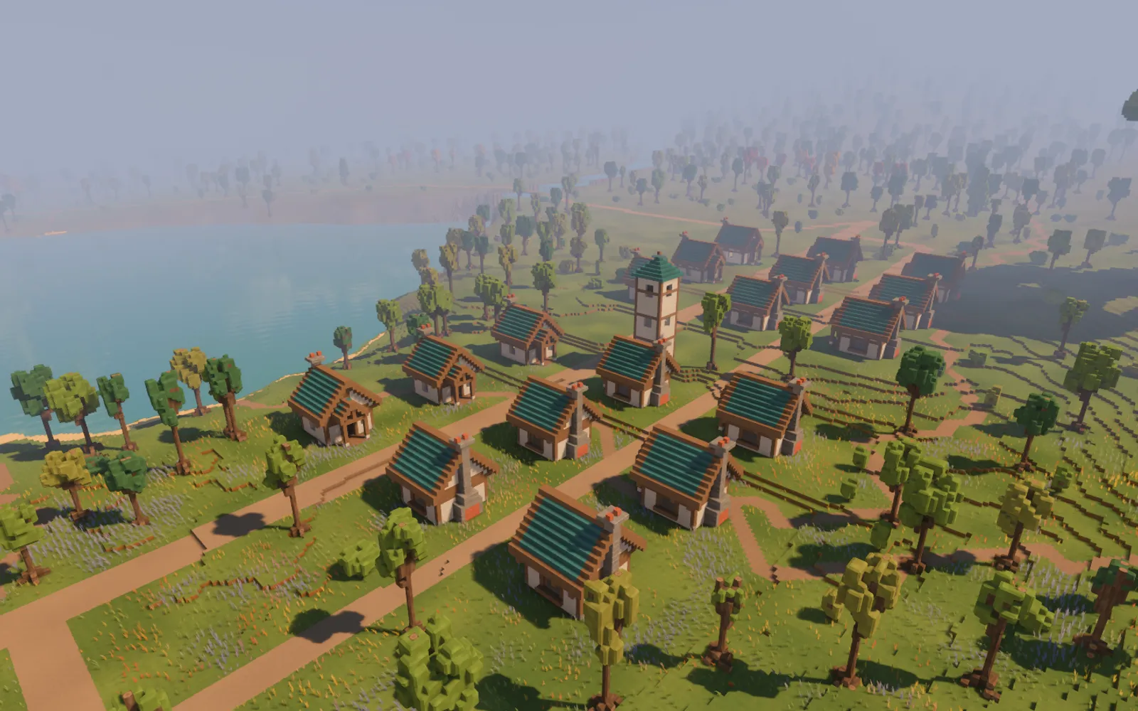 Pale timber-framed cottages with green roofs along dirt lanes beside a lake, with a square tower at the village centre.