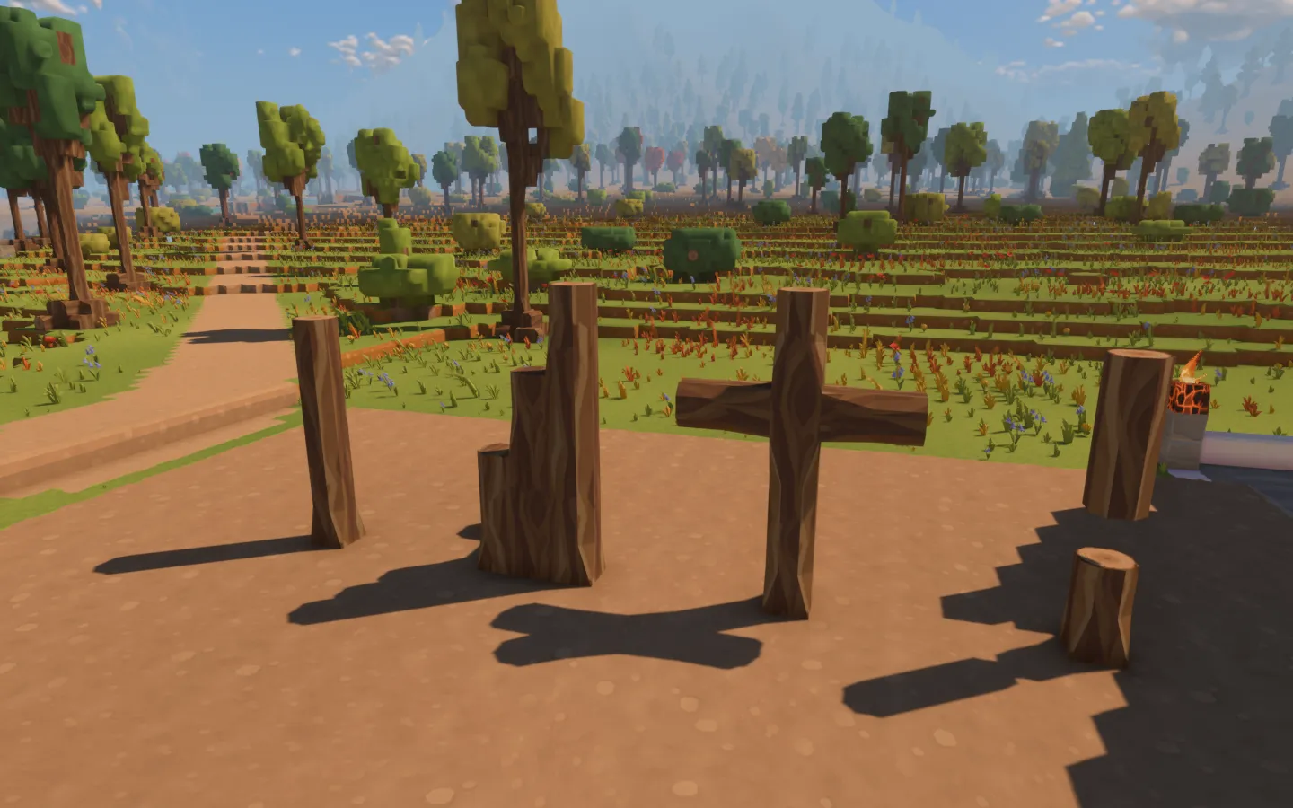 A timber review gallery with a stepped root, a cross-grain branch connection, separate posts and a cut stump, showing broad facets and painted grain.